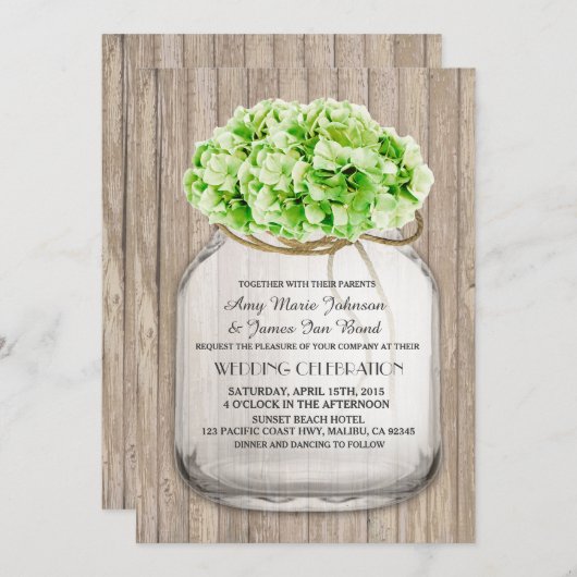 Mason jar grünen Hydrangea Hochzeit lädt hyd4 Einladung (Vorne/Hinten)