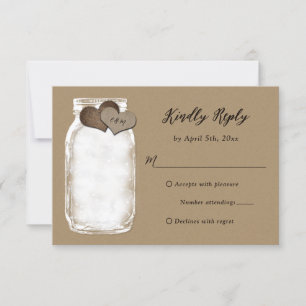 Mason Jar Hearts Lights Kraft Wedding RSVP Card