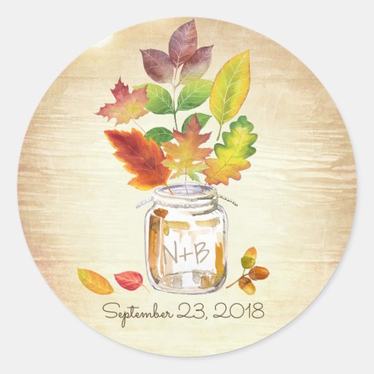 Mason Jar Herbstlaubs Rustic Wood Wedding Runder Aufkleber (Vorderseite)