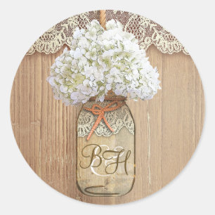 Mason Jar Hydrangea Floral Rustische Hochzeit Runder Aufkleber