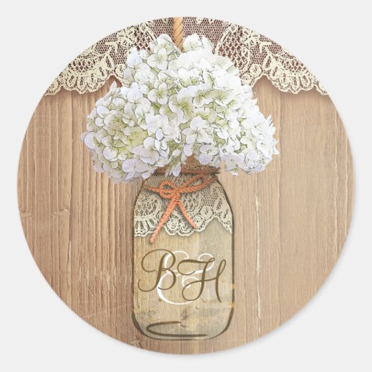 Mason Jar Hydrangea Floral Rustische Hochzeit Runder Aufkleber (Vorderseite)