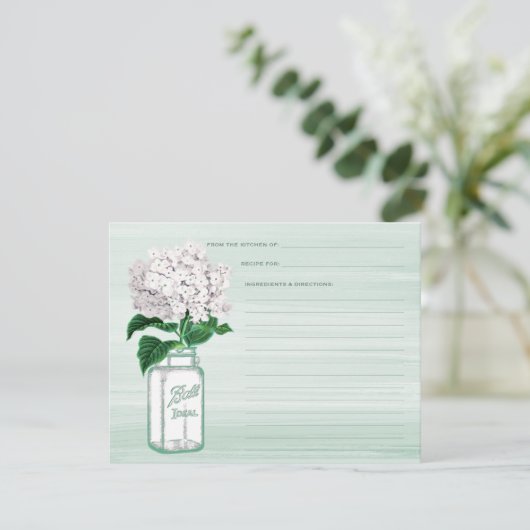 Mason Jar & Hydrangea Mint Green Recicard (Stehend Vorderseite)