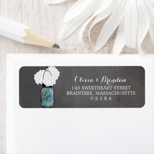 Mason Jar Hydrangeas Chalkboard Rücksendeadresse (Insitu)