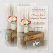 Mason Jar Kiss Wood Rustic Country Wedites Einladung (Vorne/Hinten)