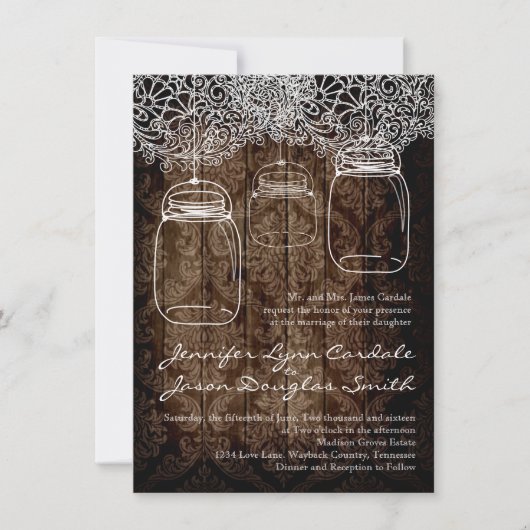 Mason Jar Lace Barn Wood Wedding Einladungen (Vorderseite)