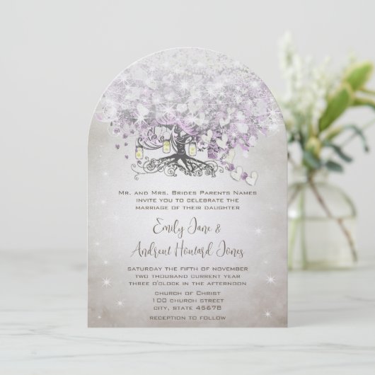 Mason Jar Lavender Heart Leaf Tree Wedding Einladung (Stehend Vorderseite)
