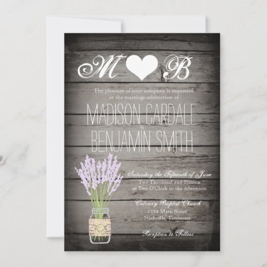 Mason Jar Lavender Rustic Wood Wedding Einladungen (Vorderseite)