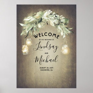 Mason Jar Lights and Greenerity Wedding Willkommen Poster
