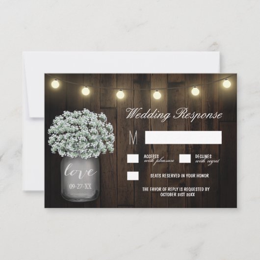 Mason Jar Lights Babys Breath Wedding RSVP Cards (Vorderseite)