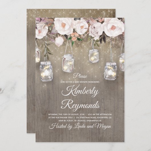Mason Jar Lights Blumendusche Rustikale Babydusche Einladung (Vorne/Hinten)