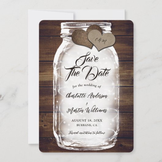 Mason Jar Lights Burlap Hearts Barn Wood Wedding Save The Date (Vorderseite)
