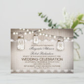Mason Jar Lights - Burlap Lace Rustikale Hochzeit Einladung (Stehend Vorderseite)