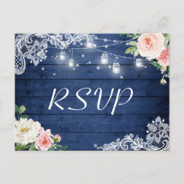 Mason Jar Lights Floral Rustic Blue Wedding RSVP Einladungspostkarte