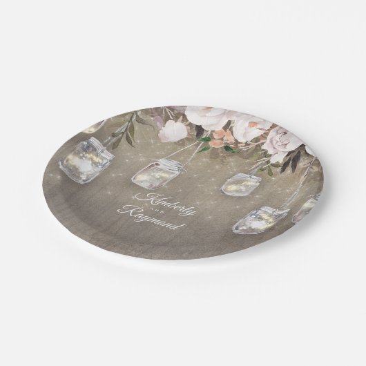 Mason Jar Lights Floral Rustikal Pappteller (Schrägansicht)