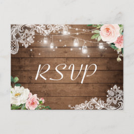 Mason Jar Lights Lace Floral Rustic Wedding RSVP Einladungspostkarte
