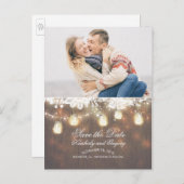 Mason Jar Lights Lace Rustikales Foto Save the Dat Ankündigungspostkarte (Vorne/Hinten)