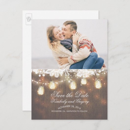 Mason Jar Lights Lace Rustikales Foto Save the Dat Ankündigungspostkarte (Vorne/Hinten)