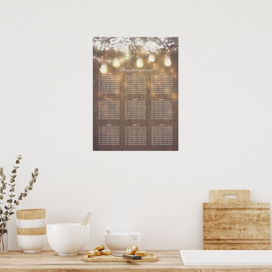 Mason Jar Lights Lace Wood Wedding Chart Poster (Küche)