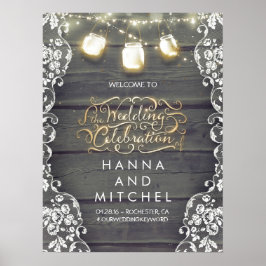 Mason Jar Lights Lace Wood Wedding Willkommenszeic Poster