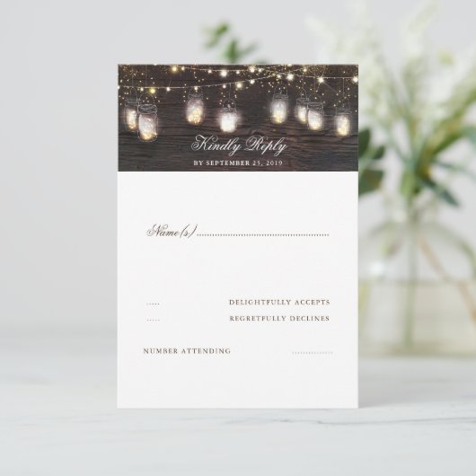 Mason Jar Lights Rustic Wedding RSVP (Stehend Vorderseite)