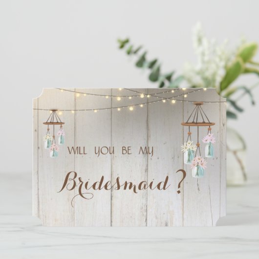 Mason Jar Lights Rustic, Wood Bridesmaid Card Einladung (Stehend Vorderseite)
