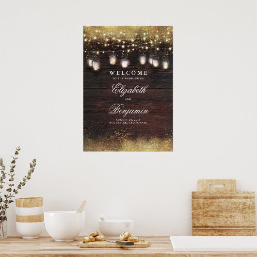 Mason Jar Lights Rustikale Hochzeit Begrüßungszeic Poster (Küche)