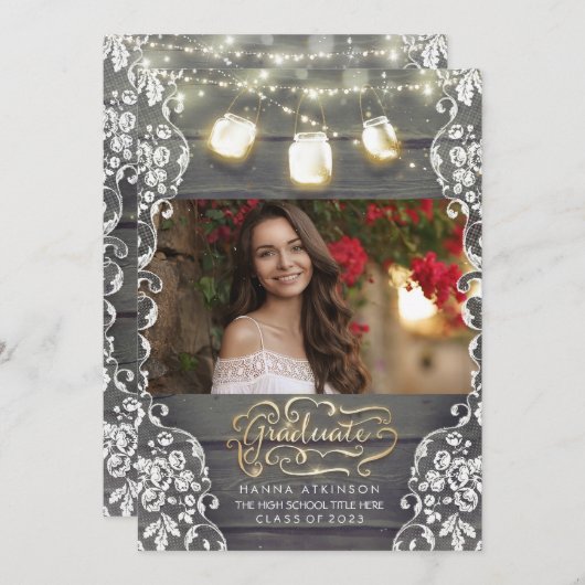 Mason Jar Lights Rustische Foto Graduation Party Einladung (Vorne/Hinten)