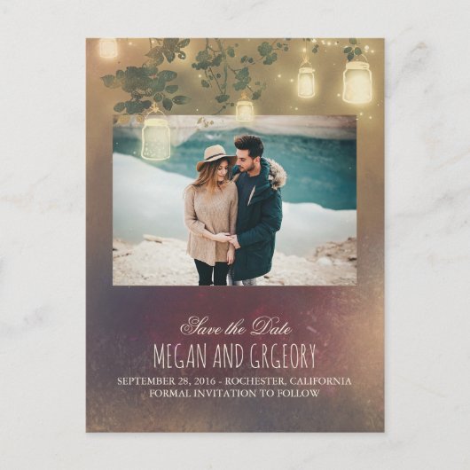 Mason Jar Lights Tree Rustikales Foto Save the Dat Ankündigungspostkarte (Vorderseite)