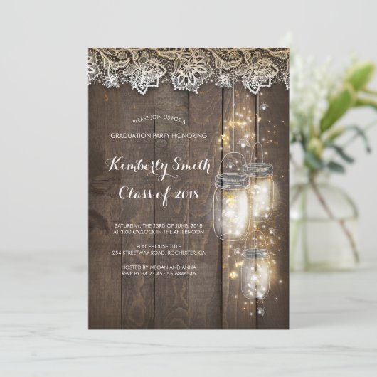 Mason Jar Lights und Lace Rustic Graduation Party Einladung (Stehend Vorderseite)