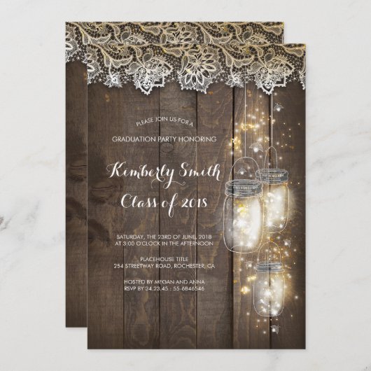 Mason Jar Lights und Lace Rustic Graduation Party Einladung (Vorne/Hinten)