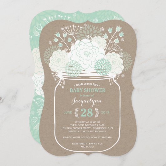 Mason Jar Mint Blooms Kraft Babydusche einladen Einladung (Vorne/Hinten)