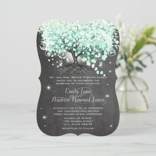 Mason Jar Mint Chalkboard Herz Leaf Tree Invitati Einladung (Stehend Vorderseite)