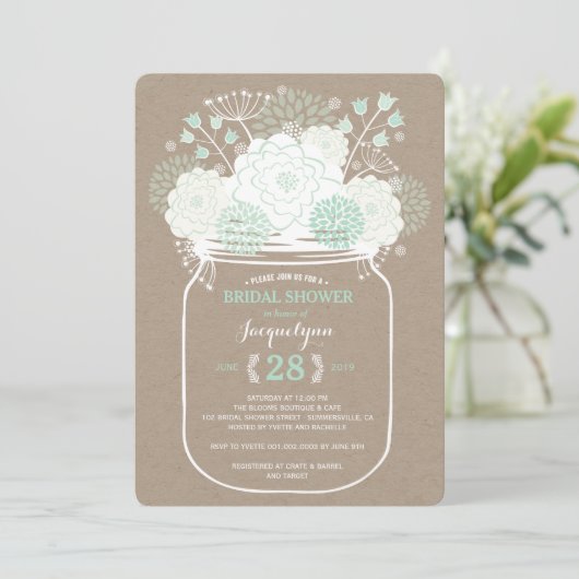 Mason Jar Mint Spring Blooms Brautparty einladen Einladung (Stehend Vorderseite)