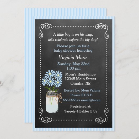 Mason Jar mit Blue Flowers Country Baby Dusche Einladung (Vorne/Hinten)