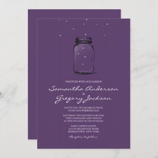 Mason Jar mit Fireflies Hochzeit Einladung Lila (Vorne/Hinten)