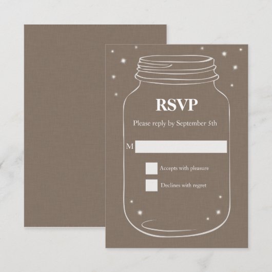 Mason Jar mit Fireflies Wedding RSVP Linen Karte (Vorne/Hinten)