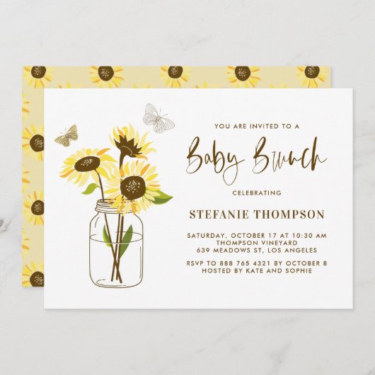 Mason Jar mit gelben Sonnenblumen Baby Brunch Einladung (Vorne/Hinten)