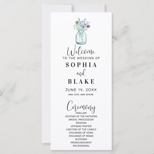 Mason Jar mit Wildblumen White Wedding Programm (Vorderseite)