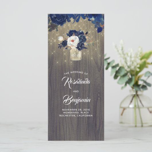 Mason Jar Navy Blume Rustikale Hochzeitsprogramme Programm (Stehend Vorderseite)