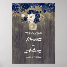 Mason Jar Navy Blumenhochzeit Begrüßungszeichen Poster