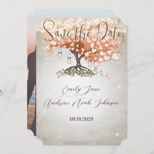 Mason Jar Peachy Heart Leaf Tree Save the Date (Vorne/Hinten)