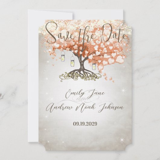 Mason Jar Peachy Heart Leaf Tree Save the Date (Vorderseite)
