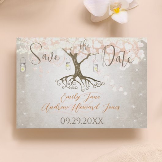 Mason Jar Peachy Pink Heart Leaf Tree Save The Date