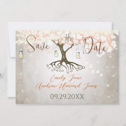 Mason Jar Peachy Pink Heart Leaf Tree Save The Date (Vorderseite)