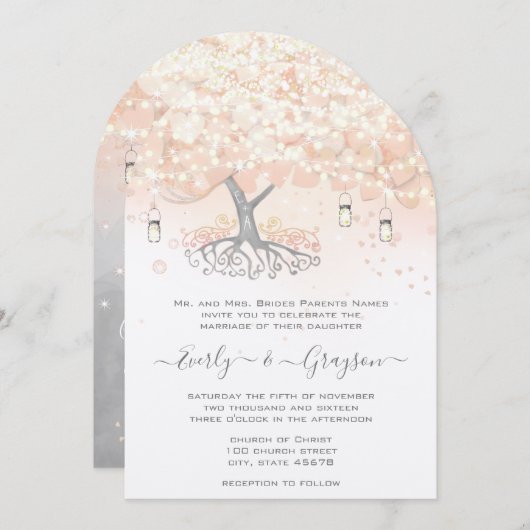 Mason Jar Peachy Pink Heart Leaf Tree Wedding Einladung (Vorne/Hinten)