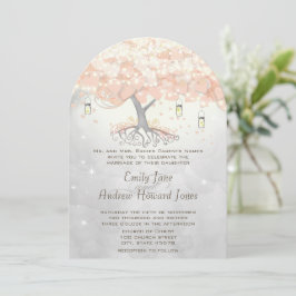 Mason Jar Peachy Pink Heart Leaf Tree Wedding Einladung