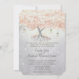 Mason Jar Peachy Pink Heart Leaf Tree Wedding Einladung