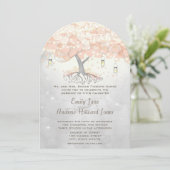Mason Jar Peachy Pink Heart Leaf Tree Wedding Einladung (Stehend Vorderseite)
