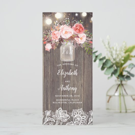 Mason Jar Pink Blume Rustikale Hochzeitsprogramme Programm (Stehend Vorderseite)