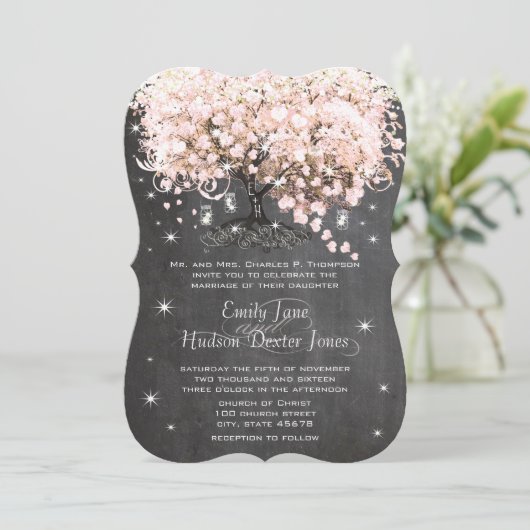 Mason Jar Pink Chalkboard Herz Leaf Tree Einladung (Stehend Vorderseite)